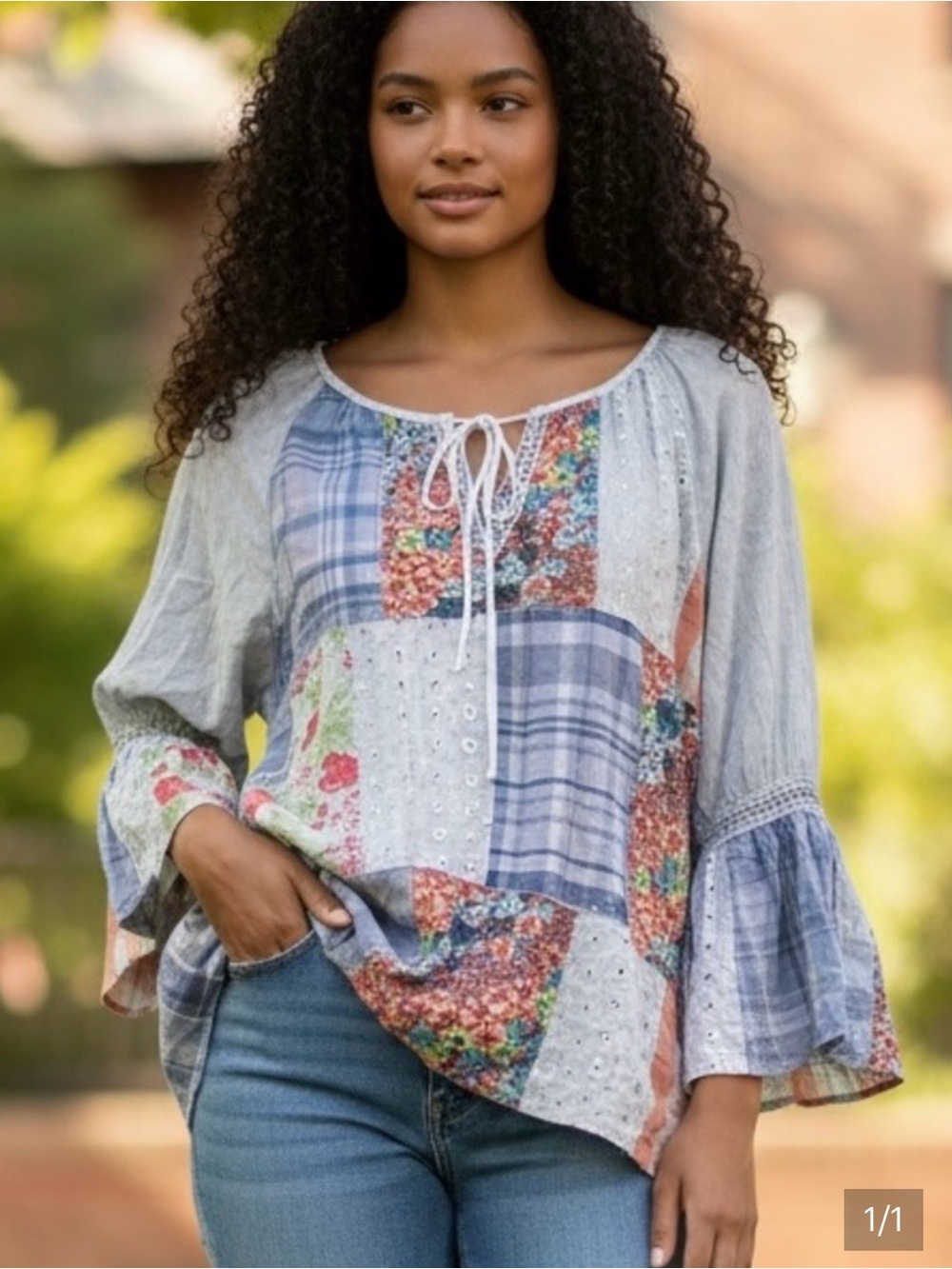 Young Threads Blue Patchwork Peasant Blouse